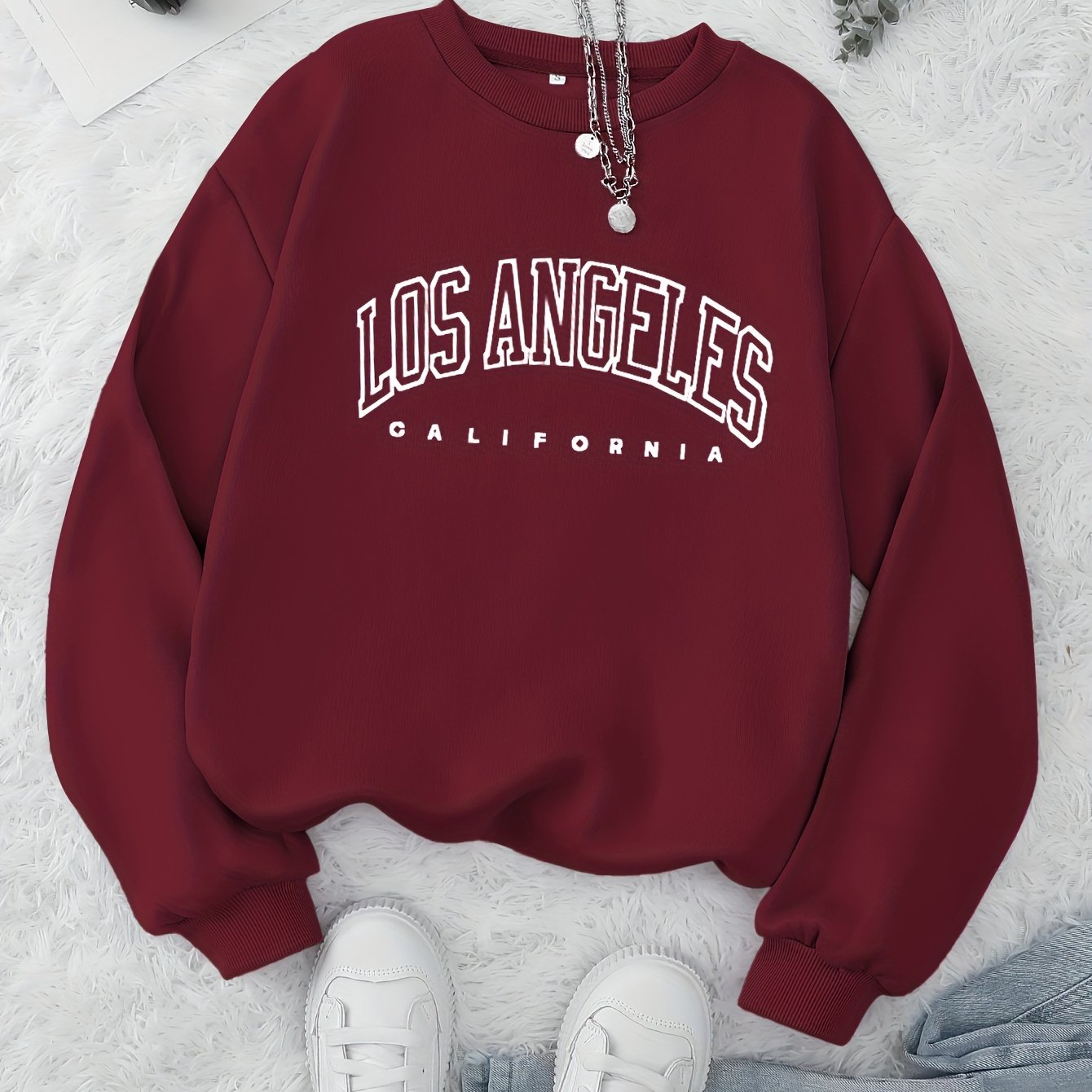 Los Angeles Print Preppy Crewneck Sweatshirt for Women, Long Sleeve Winter Fall Casual Cozy Sweatshirt