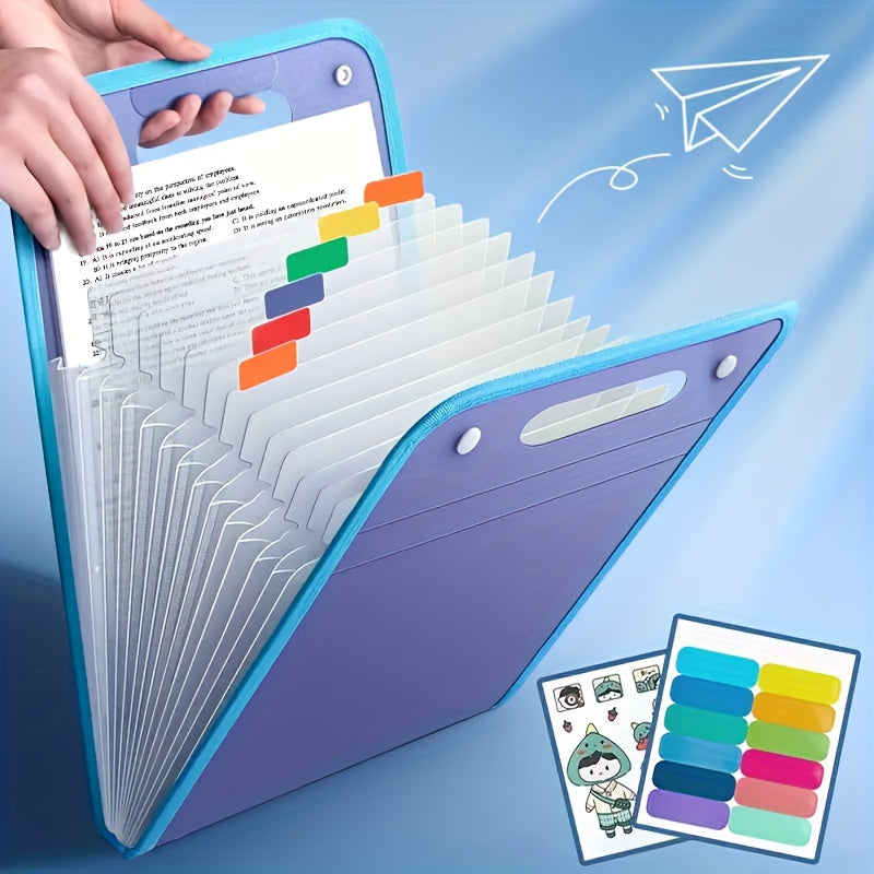 Sky Blue A4 Document Folder with Handle - Waterproof, 13-Pocket Expanding File Organizer for Students, Business & Travel