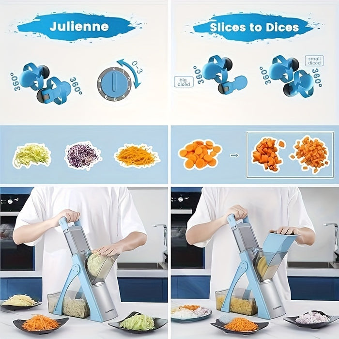 Adjustable Manual Mandoline Slicer with Stainless Steel Blades – Large Vegetable & Fruit Dicer, Julienne Cutter, No Electricity Needed, Durable ABS Material, Blue & Gray Design, Includes Interchangeable Attachments for Vers