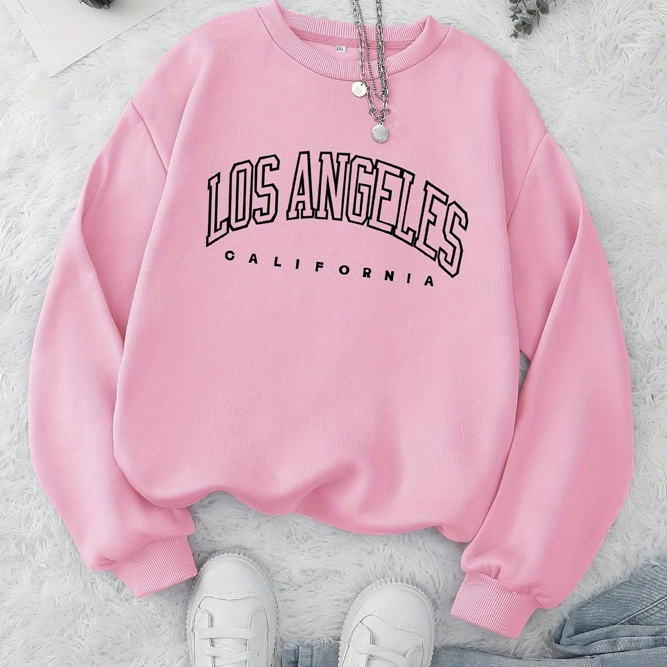 Los Angeles Print Preppy Crewneck Sweatshirt for Women, Long Sleeve Winter Fall Casual Cozy Sweatshirt