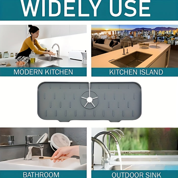 Silicone Faucet Splash Guard & Sponge Holder - Foldable Kitchen and Bathroom Countertop Protector Mat