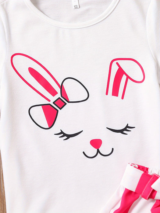 2pcs Toddler Girls Easter Cartoon Bunny Graphic T-Shirts Round Neck Short Sleeve Tees Top & Elastic Waist Belted Stripe Shorts Set Kids Summer Outdoor Clothes