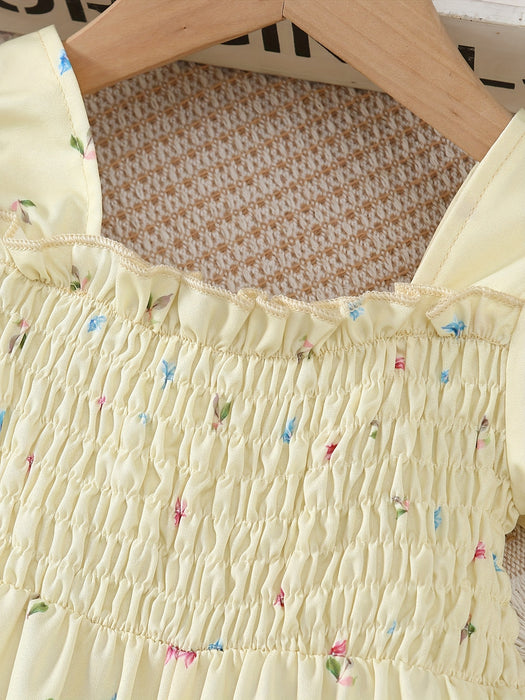 Elegant Floral Print Romper for Youngsters - Casual Retro Style with Puff Sleeves, Polyester, Non-Stretch Fabric, Square Neckline, Spring/Summer Wear, Romper for Girls, for Outdoor