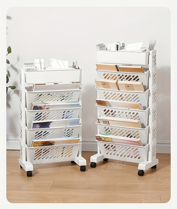 1pc Five-Level Bookshelf Shelf, Movable Desk Side Bookshelf, Floor Desk Small Cart, Book Storage Shelf, Office Study Supplies Storage Rack, Pen Holder, Lesson Book, Document Storage, Office Supplies