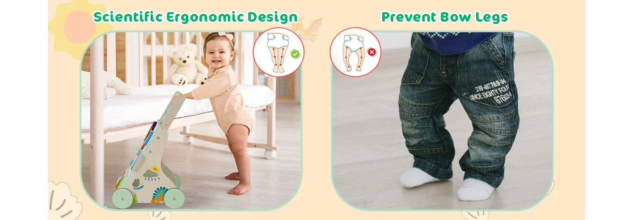 Wooden Baby Walker, Dinosaur Toddler Push Walker, Montessori Learning Activity Center for Boys Girls, Develops Motor Skills Sit-to-Stand Toys Multifunctional Educational Gifts for Kids Infant