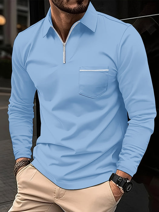 Men's Casual Long Sleeve Zipper Lapel Shirt with Chest Pocket, Spring/Fall Outdoor Wear