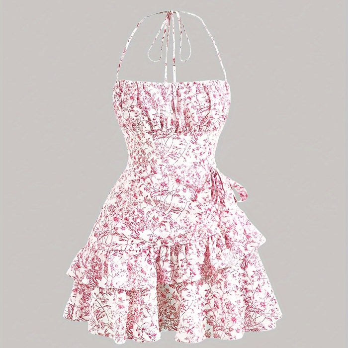Floral Print Layered Ruffle Hem Halter Dress - Sleeveless Summer Dress for Women