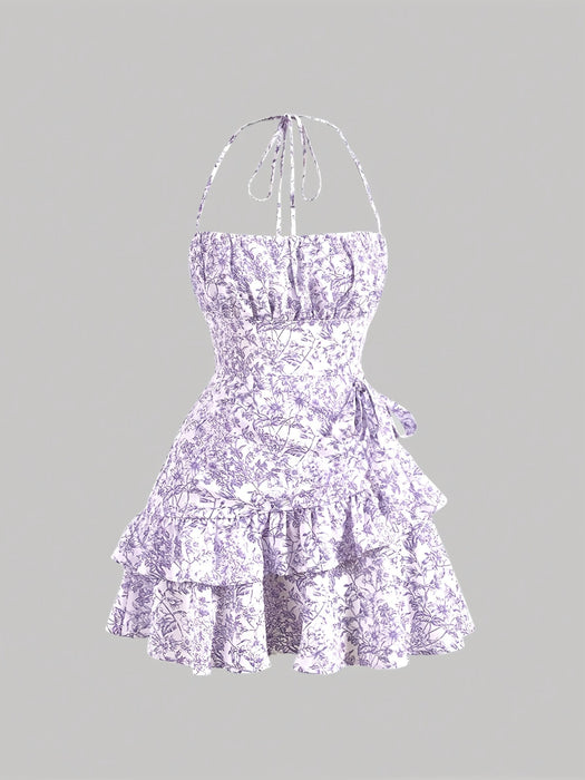Floral Print Layered Ruffle Hem Halter Dress - Sleeveless Summer Dress for Women