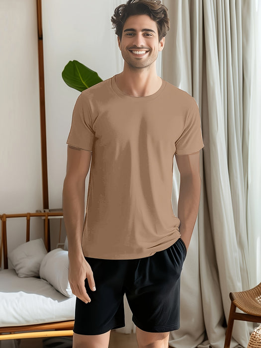 Men's Home Wear Solid Color T-shirt 4pcs Set