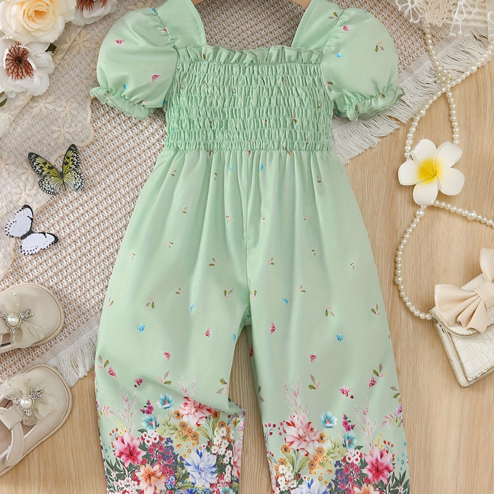 Elegant Floral Print Romper for Youngsters - Casual Retro Style with Puff Sleeves, Polyester, Non-Stretch Fabric, Square Neckline, Spring/Summer Wear, Romper for Girls, for Outdoor