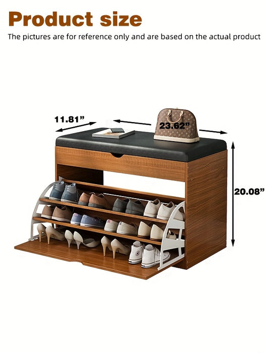 Pine Wood Shoe Bench with Cushioned Seat, Three-Tier Footwear Rack, and Storage Cabinet - Ideal for Bedroom or Entryway, Multi-Compartment Design, No Assembly Required, Shoes Organizer Storage