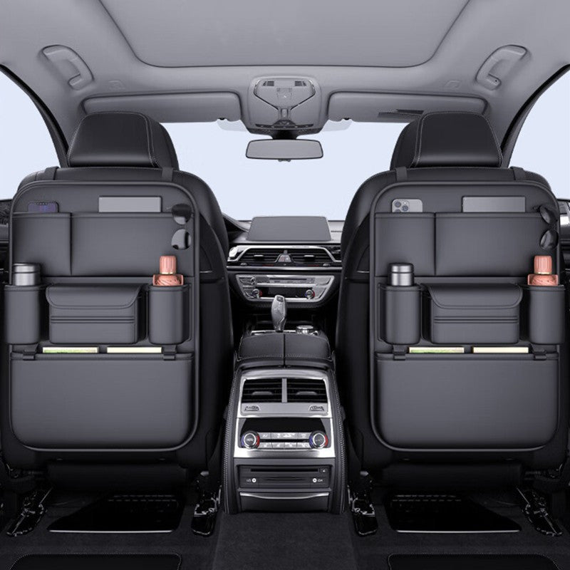 Premium PU Leather Car Backseat Organizer Large Capacity Multi-Functional Storage Bag with Dual Mesh Pockets