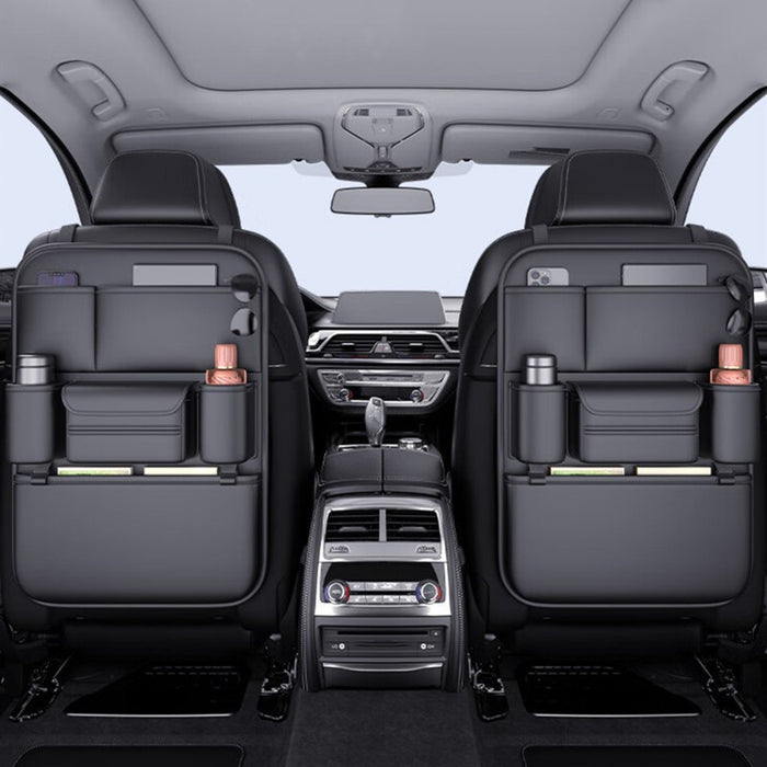 Premium PU Leather Car Backseat Organizer Large Capacity Multi-Functional Storage Bag with Dual Mesh Pockets