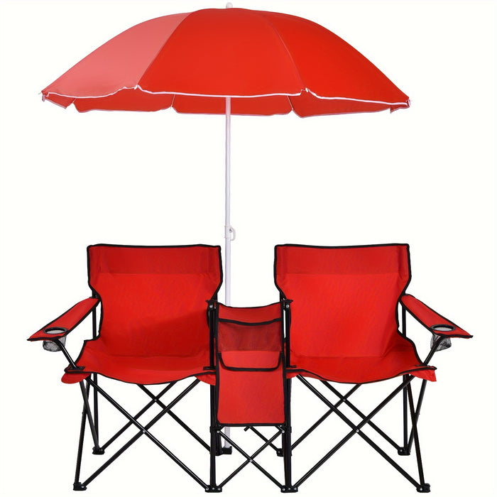 Portable Folding Picnic Double Chair W/Umbrella Table Cooler Beach Camping