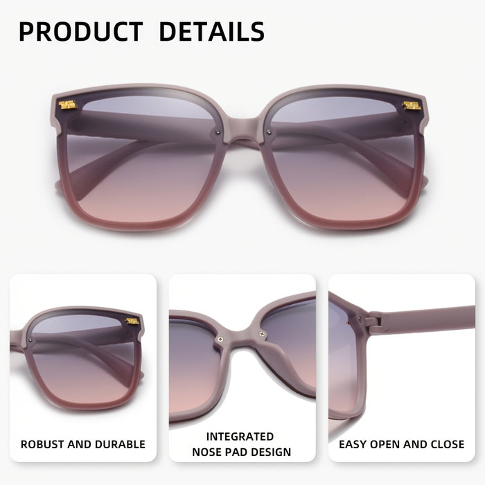 FORQUEEN Trendy Women's Polarized Fashion Glasses - Oversized Fashion Shades with Metal Hinges, Stylish Gradient Purple to Gray Design, Includes Protective Case for Summer Style