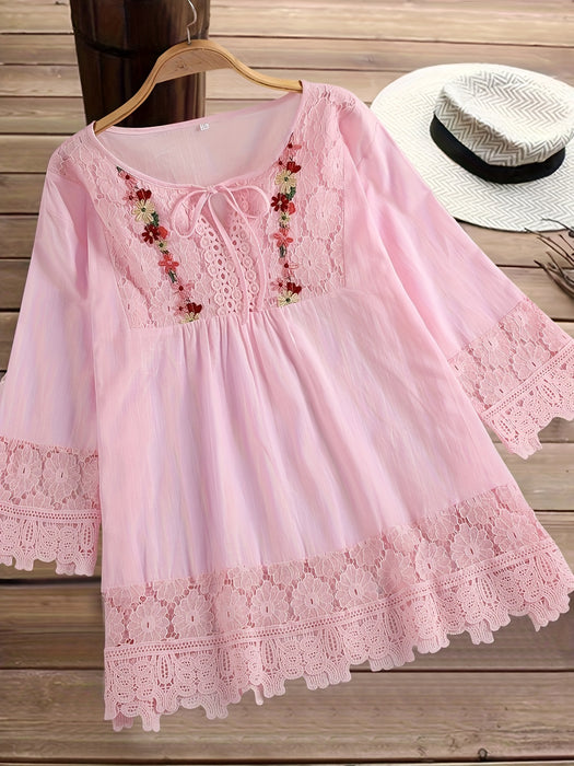 Plus Size Floral Applique Lace Blouse, Tie Neck Short Sleeve Women's Top