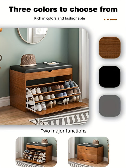 Pine Wood Shoe Bench with Cushioned Seat, Three-Tier Footwear Rack, and Storage Cabinet - Ideal for Bedroom or Entryway, Multi-Compartment Design, No Assembly Required, Shoes Organizer Storage
