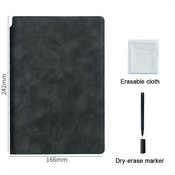 A5 Reusable Whiteboard Notebook with Faux Leather Cover - Portable Weekly Planner, Math Formulae & Illustrations Erase Cleanly, Includes Pen & Cloth, Ideal for Office & School, Notebooks for School