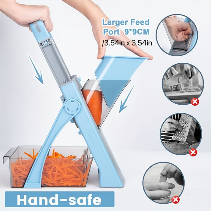 Adjustable Manual Mandoline Slicer with Stainless Steel Blades – Large Vegetable & Fruit Dicer, Julienne Cutter, No Electricity Needed, Durable ABS Material, Blue & Gray Design, Includes Interchangeable Attachments for Vers