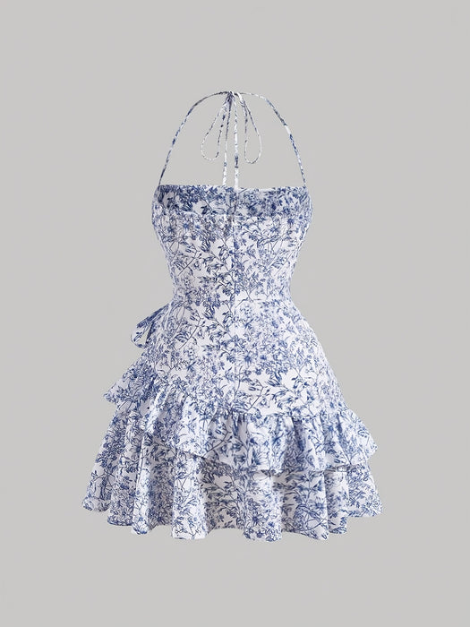 Floral Print Layered Ruffle Hem Halter Dress - Sleeveless Summer Dress for Women