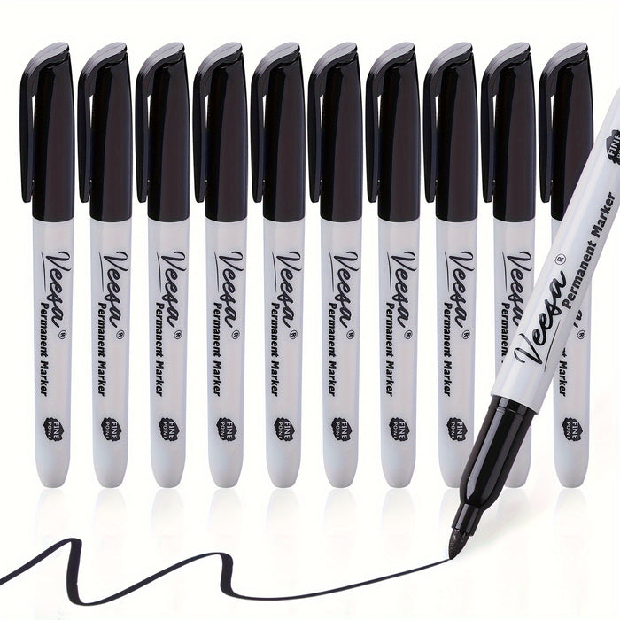 10pcs Black Permanent Markers Fine Tip, Waterproof, Smear Proof, Quick Drying for Office School Supplies