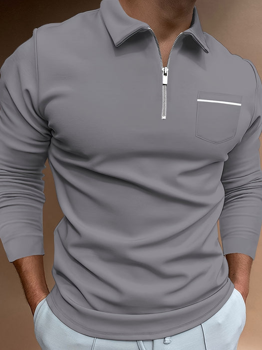Men's Casual Long Sleeve Zipper Lapel Shirt with Chest Pocket, Spring/Fall Outdoor Wear