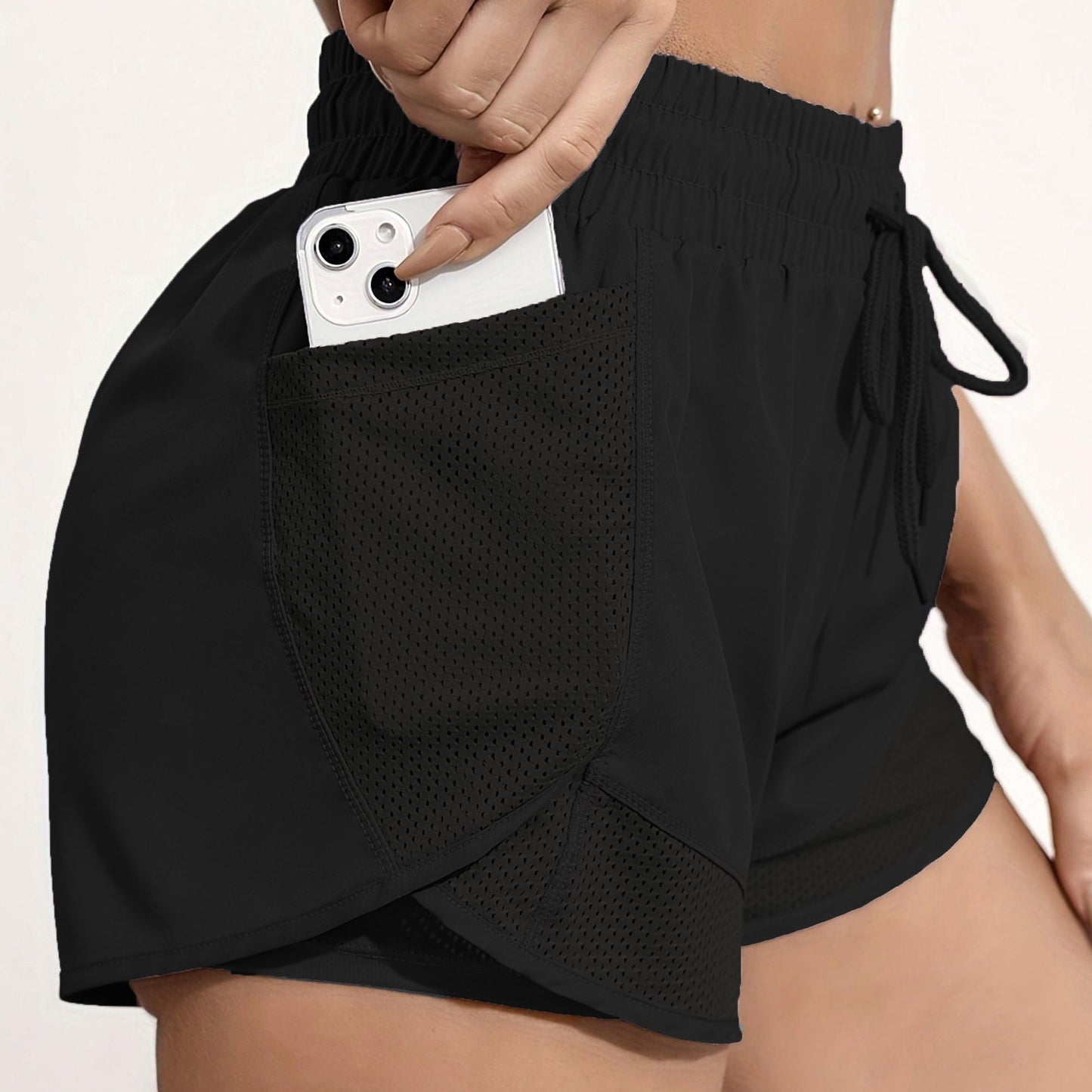 Women's 2-in-1 Yoga Shorts with Quick-Drying Fabric and Mesh Pockets for Casual Fitness and Gym Workouts