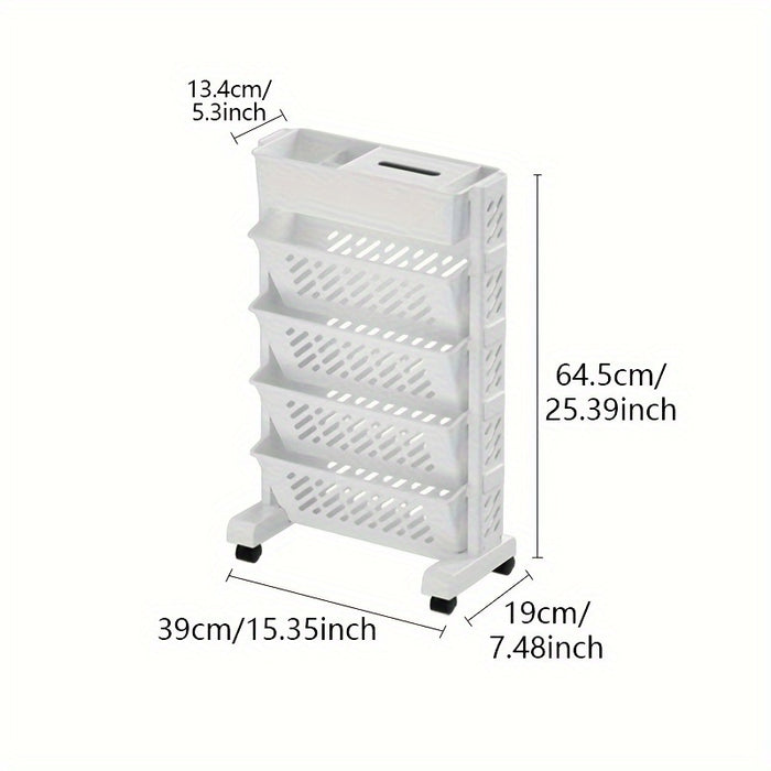 1pc Five-Level Bookshelf Shelf, Movable Desk Side Bookshelf, Floor Desk Small Cart, Book Storage Shelf, Office Study Supplies Storage Rack, Pen Holder, Lesson Book, Document Storage, Office Supplies