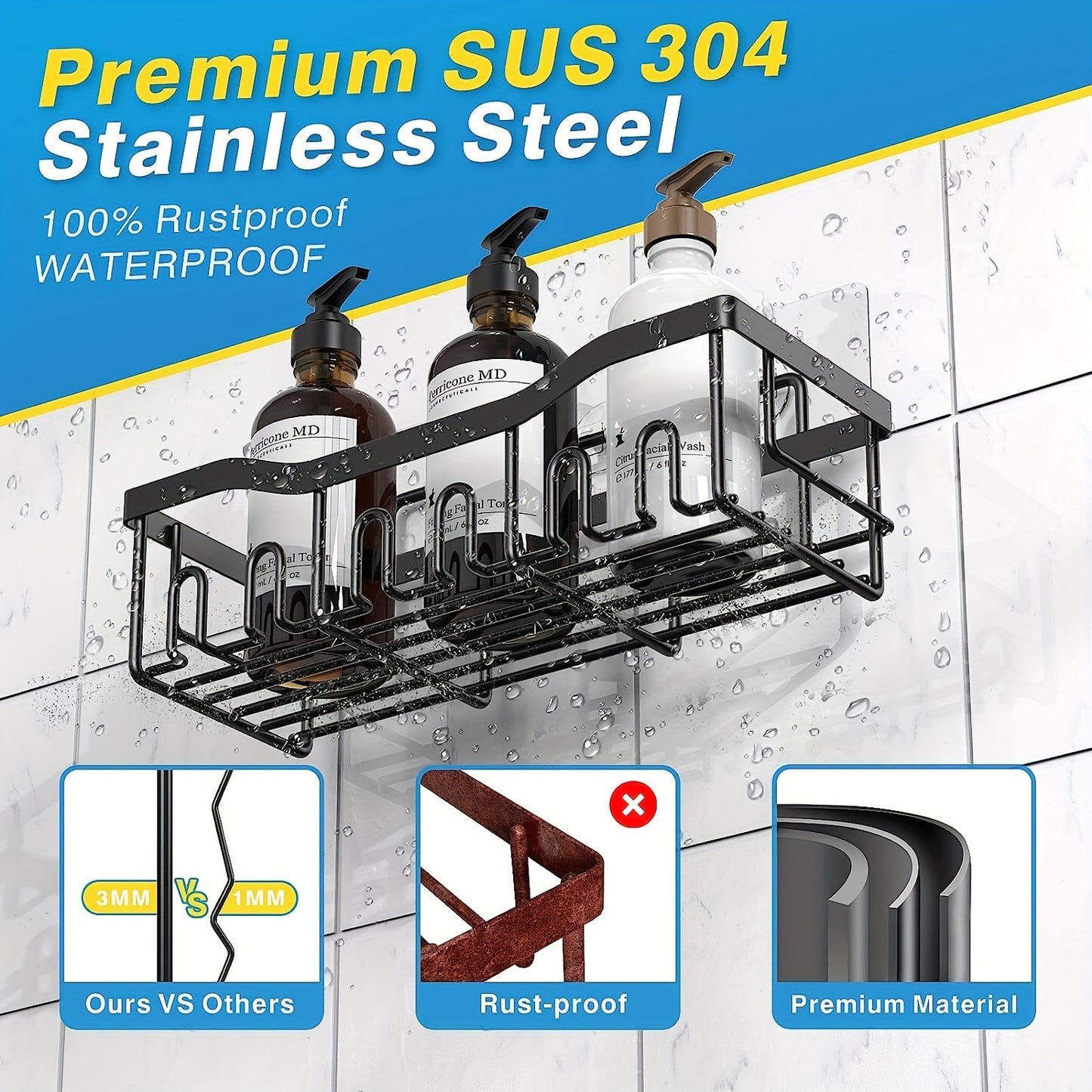 Adhesive Shower Caddy, 5 Pack Rustproof Stainless Steel Bath Organizers With Large Capacity, No Drilling Shelves For Bathroom Storage & Home Decor