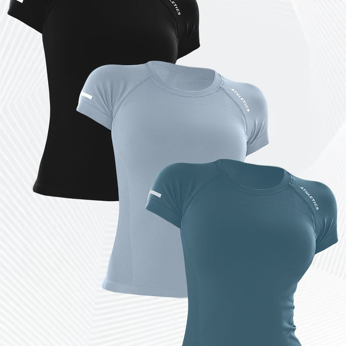 3pcs Women's Athletic T-Shirts - High Stretch, Breathable Nylon Short Sleeve Yoga & Fitness Tops with Letter Design in Black, Gray, and Teal