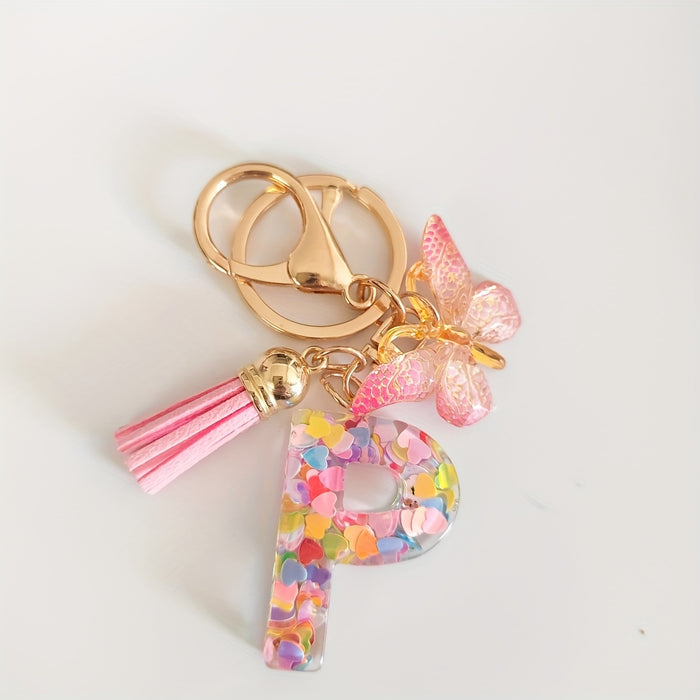 1pc Creative English Letter Pendant Keychain For Girls, Pink Sequin Drop Glue Butterfly Key Chain For Girls, Bag Car Key Ornament Christmas Gift