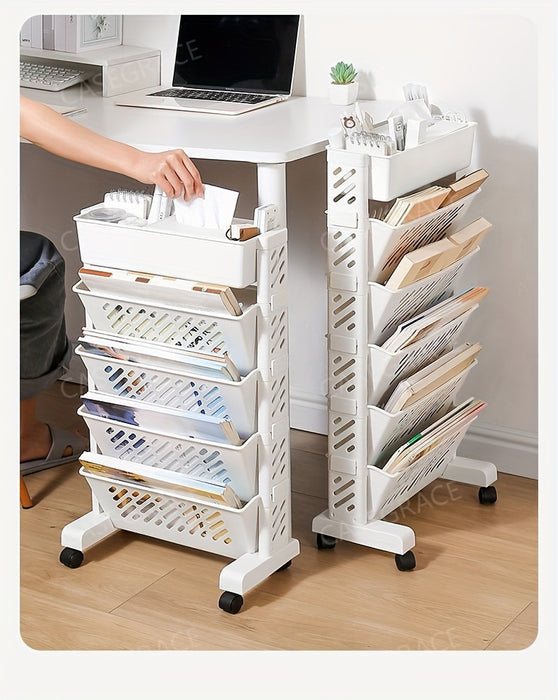 1pc Five-Level Bookshelf Shelf, Movable Desk Side Bookshelf, Floor Desk Small Cart, Book Storage Shelf, Office Study Supplies Storage Rack, Pen Holder, Lesson Book, Document Storage, Office Supplies