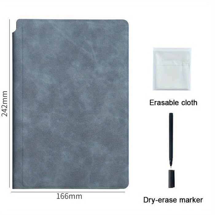 A5 Reusable Whiteboard Notebook with Faux Leather Cover - Portable Weekly Planner, Math Formulae & Illustrations Erase Cleanly, Includes Pen & Cloth, Ideal for Office & School, Notebooks for School