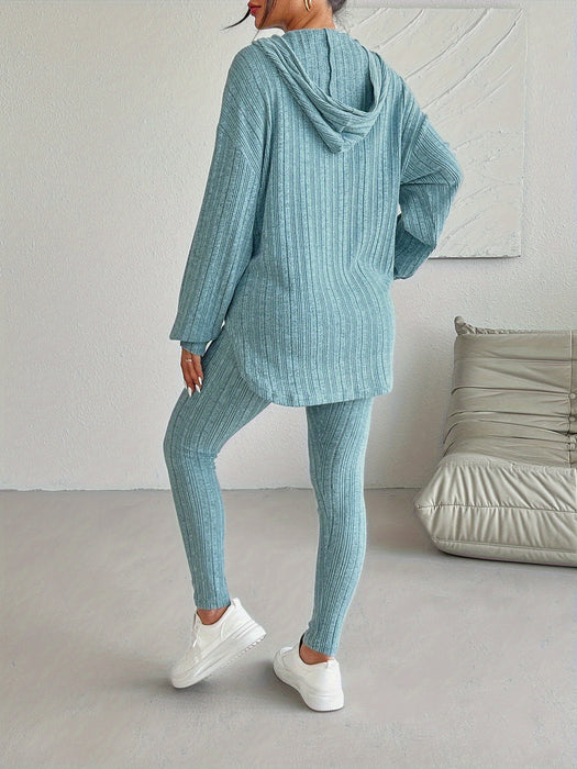 two-piece Ribbed Long Sleeve Hooded Top & Skinny Pants Set for Women, Casual Lounge Outfit