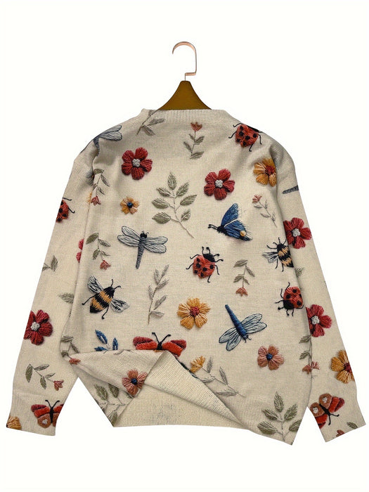 Lightweight Women'S Sweater with a Round Neck And Long Sleeves, Featuring an All-Over Printed 3D Insect Design, Stylish And Casual.