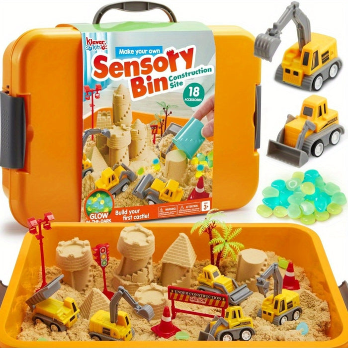 DIY Construction Sensory Bin for Toddlers with Glow in The Dark Stones, Sandbox with Lid Castle Building kit, Preschool Learning Activities Gifts for Boys Girls Age 3+