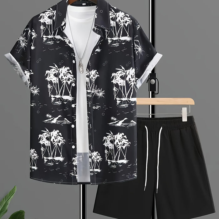 Men'S Casual Summer Tropical Print Short Sleeve Shirt & Drawstring Shorts Set - Comfortable Polyester Fabric, White with Blue Palm Tree Design, Perfect for Beach, Vacation, or Everyday Wear, Vacation Attire|Tropical Print Shi
