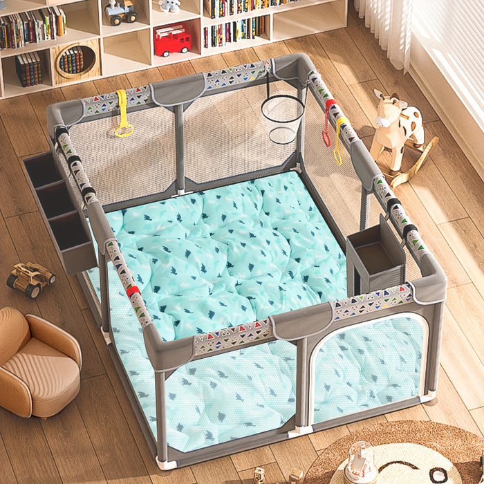 50" x 50" Portable Play Mat - Soft Turquoise Plush Padding, Durable Polyester for Safe Floor Protection, Foldable Geometric Pattern Activity Mat for Youngsters