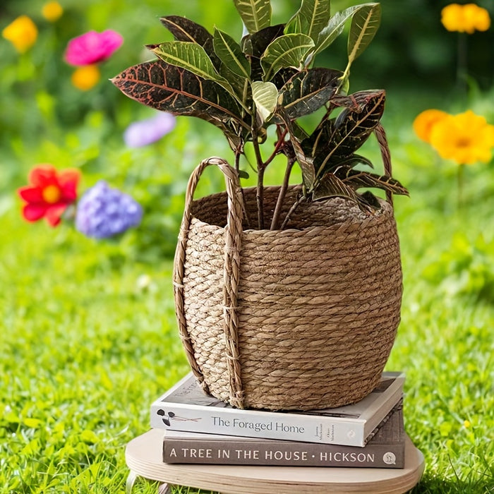 Handcrafted Nordic-Inspired Seaweed Woven Flower Pot - Versatile, Painted Finish, Slide-Out Shelf Design for Home & Garden Decor