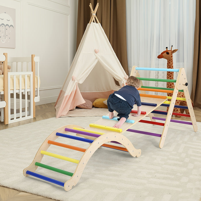 Pikler Triangle Set 7in 1, Foldable Climbing Toys for Toddlers, Play with Arch & Ramp & Ladder, Large Climbing Indoor Playground Set, Indoor Jungle Gym, Rainbow