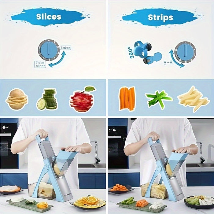 Adjustable Manual Mandoline Slicer with Stainless Steel Blades – Large Vegetable & Fruit Dicer, Julienne Cutter, No Electricity Needed, Durable ABS Material, Blue & Gray Design, Includes Interchangeable Attachments for Vers