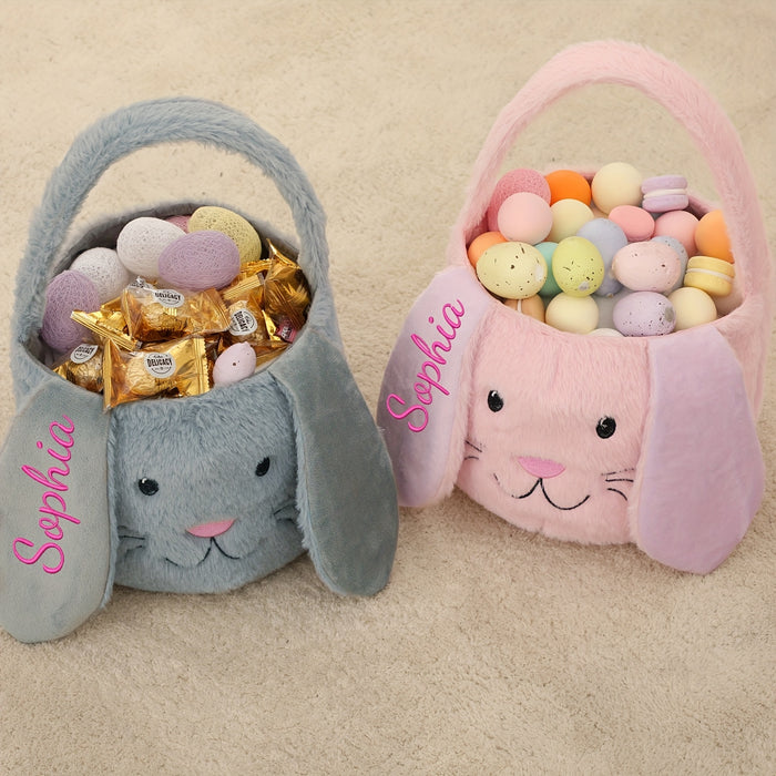 Customizable Easter Bunny Plush Basket with Embroidered Name - Soft Polyester Rabbit Ear Design Candy & Egg Hunt Basket, Perfect for Holiday Parties, Gifts, and Decorations (Blue, Pink, Beige)