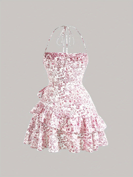 Floral Print Layered Ruffle Hem Halter Dress - Sleeveless Summer Dress for Women