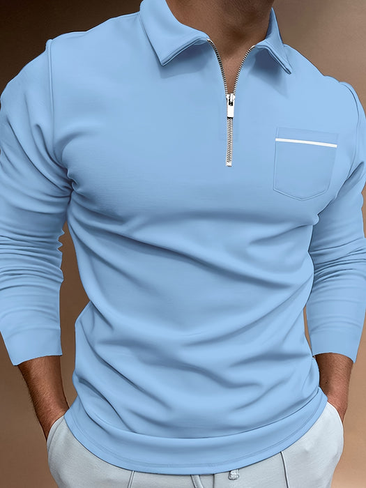 Men's Casual Long Sleeve Zipper Lapel Shirt with Chest Pocket, Spring/Fall Outdoor Wear
