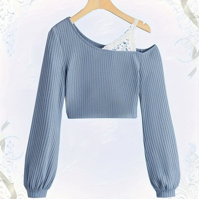Elegant Light Blue Off-Shoulder Lace Trim T-Shirt - Floral Print, Long Sleeve, Ribbed Texture, Machine Washable - Chic Spring & Autumn Women's Top