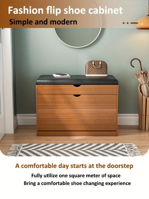 Pine Wood Shoe Bench with Cushioned Seat, Three-Tier Footwear Rack, and Storage Cabinet - Ideal for Bedroom or Entryway, Multi-Compartment Design, No Assembly Required, Shoes Organizer Storage