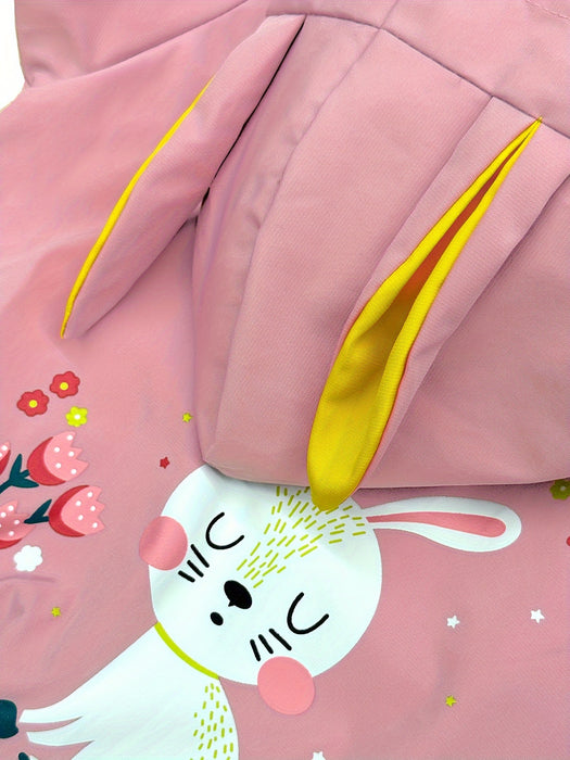 Girls' Spring/Autumn Hooded Coat With Lining, Cute Cartoon Rabbit And Flowers Pattern Clothing For Outdoor Activities