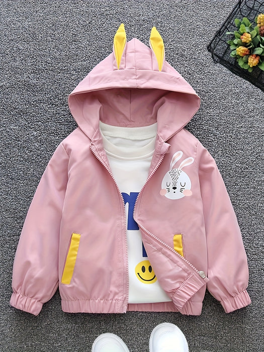 Girls' Spring/Autumn Hooded Coat With Lining, Cute Cartoon Rabbit And Flowers Pattern Clothing For Outdoor Activities