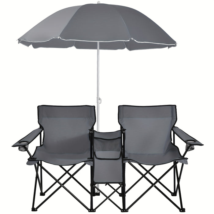 Portable Folding Picnic Double Chair W/Umbrella Table Cooler Beach Camping