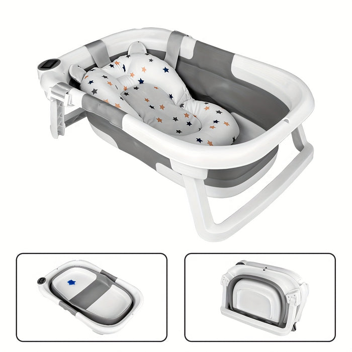 Foldable Baby Bathtub with Thermometer, Portable Travel Newborn Bathtub, with Soft Pad And Thermometer, Drainage Hole, Durable Foldable Youngsters Bathtub for 0-36 Months, Thickened Non-Slip Cushion, Smart Temperature Measure